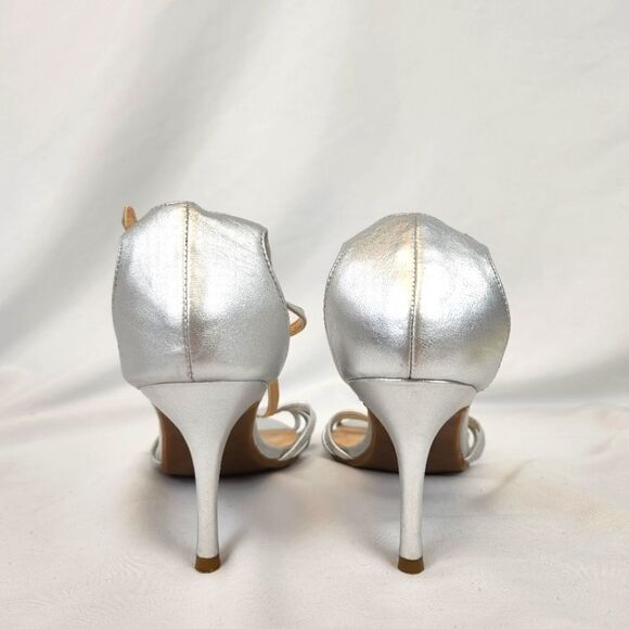 Talbots Silver Tone Metallic Strappy Stiletto Heel Ankle Strap Sandals Size 8.5 - Picture 4 of 13